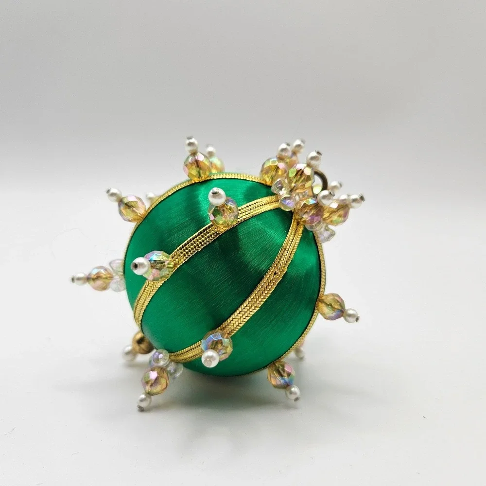 Vintage Emerald Green Beaded Christmas Ornament Holiday Decor‎ Sphere Handmade